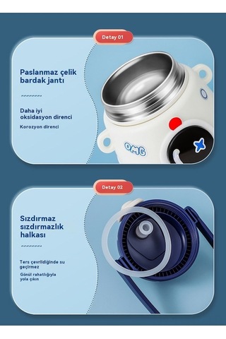 Skycity Uzaylı Desenli 850ml Termos Bardak, Pipetli Su Kâsesi, Yıldızlı Mavi Büyük Kupa + Sticker + 3d Yapıştırıcı MAvi