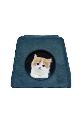 Kedi Yatağı-kedi Evi-3 Fonksiyonlu-katlanır- Kedi Alaska Evi-kedi Eskimo Evi-kedi Mağarası Larcivert, Düz
