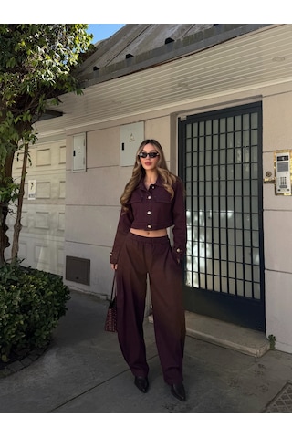 Laluvia Mürdüm Kot Crop Ceket Pantolon Takım - 51244 Mürdüm