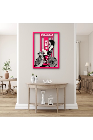 Pembe Telefon Kulübesi Ve Bisikletli Kadın Metal Tablo 91x125 Cm Çok Renkli Pembe Telefon Kulübesi Ve Bisikletli Kadın Metal Tablo 91x125 Cm Çok Renkli