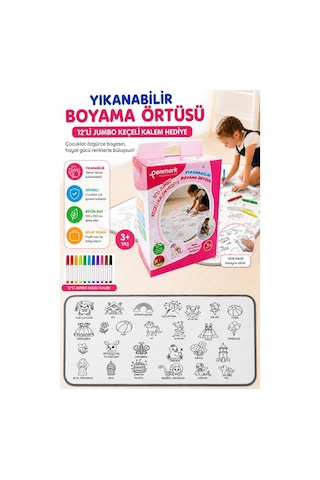 Boyama Örtüsü Yıkanabilir Kız Modeli 100x15 Cm 1 Paket 12 Renk Jumbo Keçeli Kalem Penmark Sevinli Hayvanlar Boyama