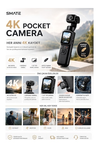 Smate 4k Pocket Camera Profesyonel Vlog Kamerası Gimbal Özellikli Titreşim Önleyici Otomatik Dönüş Ve Yüz Takibi Siyah