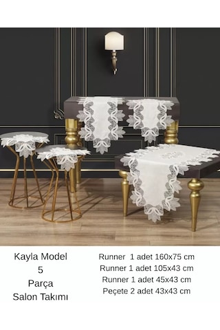 Salon Takımı 5 Parça Keten Dantelli Masa Örtüsü Runner Seti Çeyizlik Kayla Model Krem-gümüş Çok Renkli