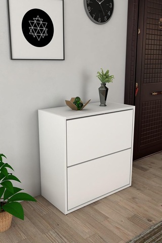 2 Kapaklı Kayar Raflı Ayakkabılık Beyaz Çok Renkli