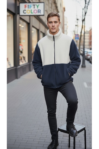 Premium Kalite Renk Bloklu, Fermuarlı, Dik Yaka, Sherpa, Polar, Peluş Ceket Lacivert - Beyaz