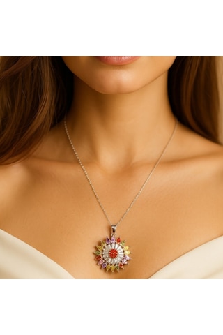 Gümüş Renk Güneş Mix Sf Zincir Çelik Kolye Gümüş