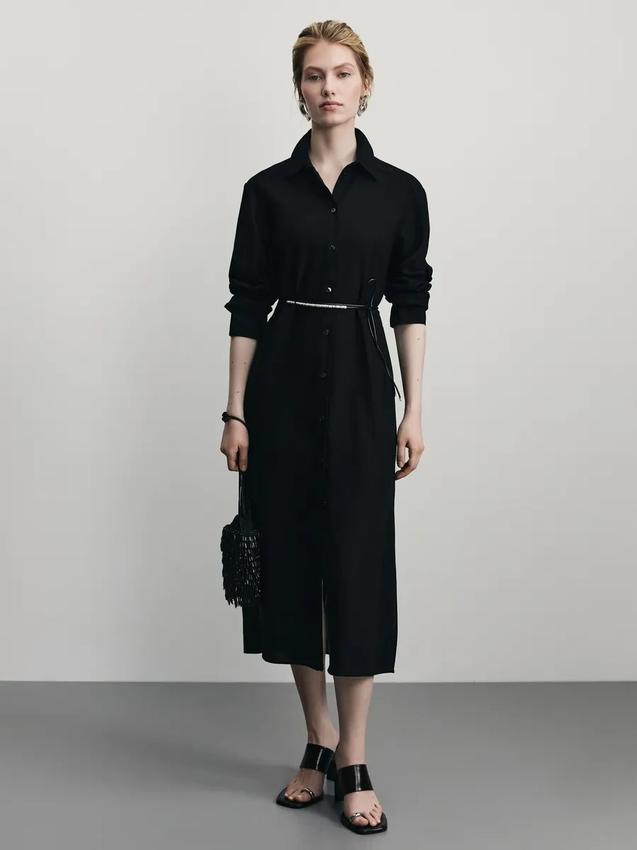 Zarına Günlük Temel Keten Gömlek Elbisesi 371892379 Siyah