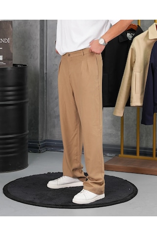 Modefendi Baggy Kalıp Pile Detaylı Kumaş Pantolon Camel