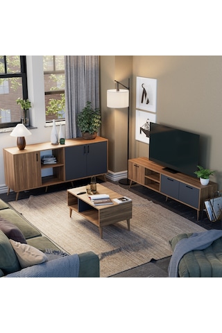 Mezza Set 1581-2070-1620 Exxen (AHŞAP AYAKLI) Tv Ünitesi - Orta Sehpa - Konsol Seti Ürgüp - Antrasit