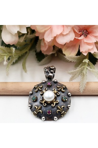 Yakut Ve Zümrüt Taşlı Otantik El Yapımı İncili Set Rose Gold - Gümüş