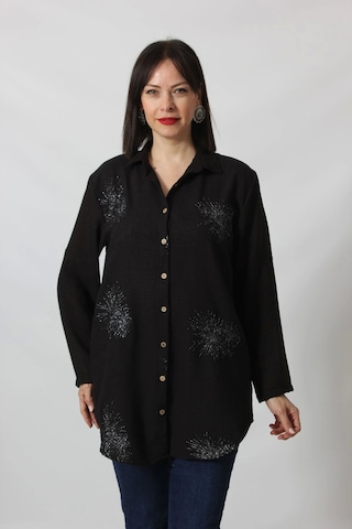 Moda Berray Sb-092 Siyah Gümüş Yaldızlı Güneş Desenli Kolu Apoletli Yandan Cepli Tunik Gömlek Kadın Büyük Beden Siyah