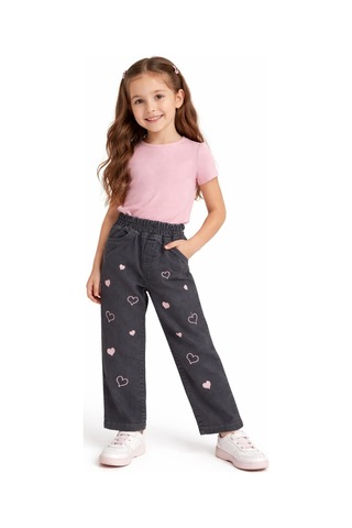İrem Çocuk Giyim Kız Çocuk Pembe Kalp Nakışlı Beli Lastikli Koyu Füme Renk Pantolon Siyah
