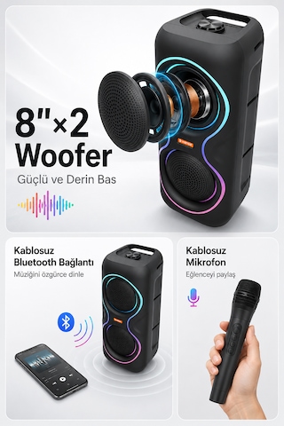 Aşınabilir Mikrofonlu 50w Led Işıklı Bluetooth Hoparlör Seti