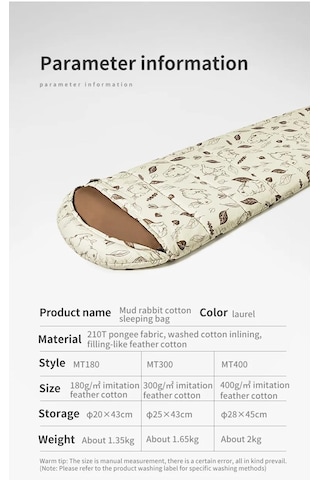 Naturehike Cute Mud Rabbit Mt300 Zarf Trazı Pamuklu Uyku Tulumu -13 C Çok Renkli