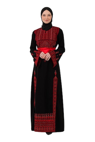 Zaytoon Filistin Nakışlı Modern Siyah Kaftan Elbise - Geleneksel Şıklık Kırmızı