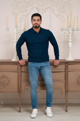 Woolen World Polo Yaka Slimfit Desenli Yünlü Erkek Triko Kazak İndigo