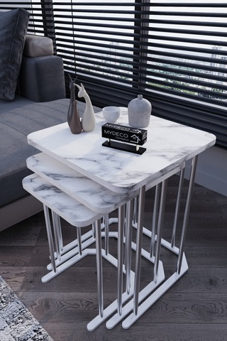 3' Lü Kare Zigon Sehpa Gümüş Ayak Beyaz Mermer Desen 18 Mm Mdf Gümüş - Beyaz Mermer