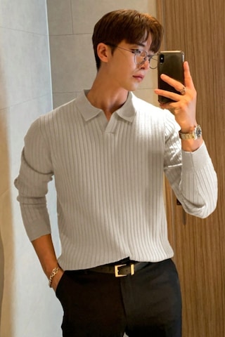 Cool Tarz Erkek Polo Yaka Triko Kazak Slim Fit Fitilli Bej