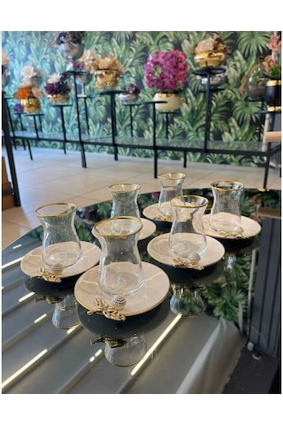 Çnr Home Collection Pandoranin Kutusu Porselen Tabakli Taşli Çay Seti Gold