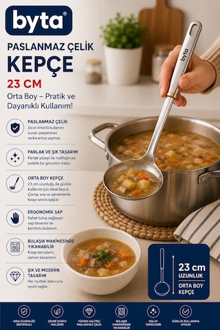 Paslanmaz Çelik Orta Boy Kepçe 23 Cm Çorba, Yemek Ve Sos Servis Kepçesi
