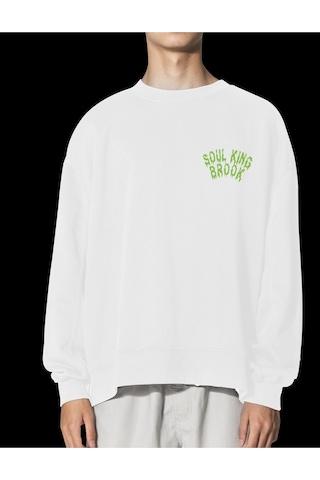 Unisex Beyaz Brook Baskılı Hoodie Oversize Kapşonsuz Sweatshirt Beyaz