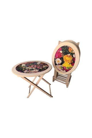 Oval Çanta Zigon Sehpa 4'Lü Resimli-Boyasız(Hâm)Tamamı Ahşap