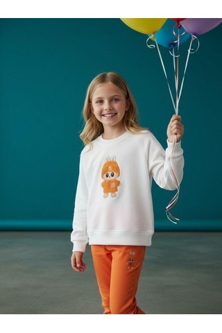 Kız Çocuk Pamuklu Karakter Baskılı Oversize Tasarım Sweatshirt-16454 Beyaz