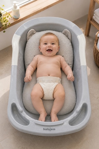 Babyjem Sevimli Kedi Köpüklü Bebek Banyo Küvet Yatağı Gri (Straforlu - Suda Batmaz)