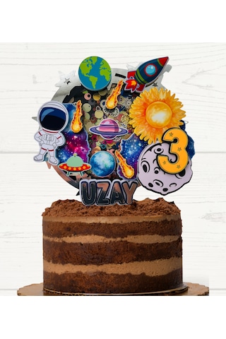 Uzay Temalı İsme Özel Erkek Çocuk Doğum Günü Pasta Süsü