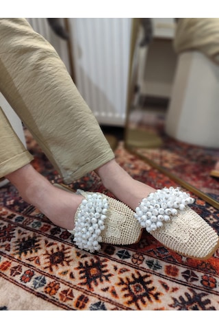 My Stil Moda Kadın Önü Kapalı Hasır Terlik Boncuk İşlemeli Çeyiz, Günlük, Misafir Ev Terliği Bej