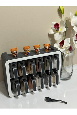 Standlı 12li Kendinden Yapışkanlı Kaşıklı Kapaklı Baharatlık Takı Şeffaf