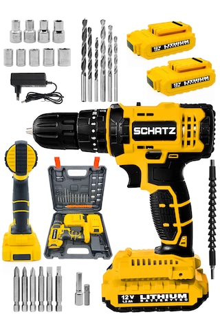 Schatz 12v 1.5 Ah Darbeli Lithium Çift Akülü Bakır Sargılı Şarjlı Vidalama Matkap 24 Parça Setli Sarı