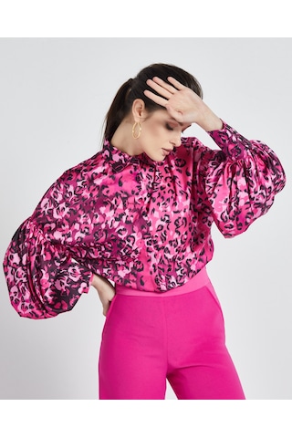 Serpil Exclusive Kadın Leopar Desenli Gömlek - Balon Kol - Saten - Modern Ve Şık Tasarım - Günlük Ve Özel Gün Kullanımı İçin Gömlek Fuşya