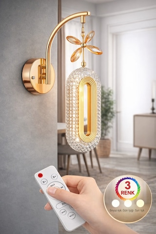 Elips Model Sarkıt 3 Renk Gold Kaplama Oturma Yatak Çocuk Odası Duvar Led Aplik Kumandalı Altın