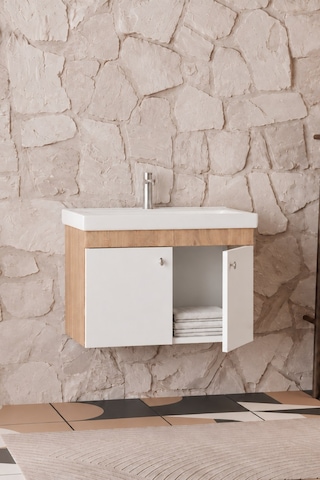 Milano 80 Cm, Lavabolu Alt Banyo Dolabı, Kapaklı Banyo Dolabı, Seramik Lavabo Dahil, Mdf Beyaz - Sonomo