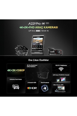 Viofo A229 Pro W 3 Kameralı Ön+arka Su Geçirmez+iç 4k+2k+1080p Sony Starvıs 2 Sensör Gps'li Araç Kamerası
