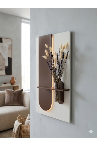 Okaliptus Ahşap Pilli Ledli İskandinav Tarzı Salon Duvar Rafı Modern Çiçeklik 40 X 70 Cm Paris Grisi - Ahşap Ceviz