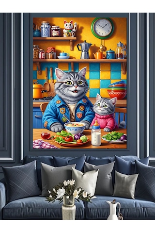 Ahşap Tablo Kedi Aşçı Yemek Yapıyor