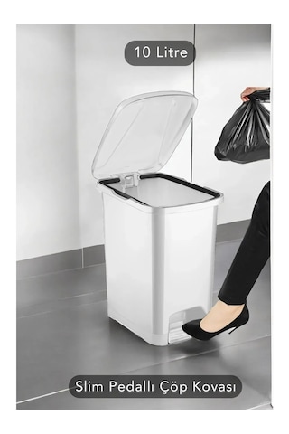 Slim Pedallı Banyo Mutfak Çöp Kovası 10 Litre Ergonomik Tasarım Plastik Malzeme İle Kullanışlı Beyaz