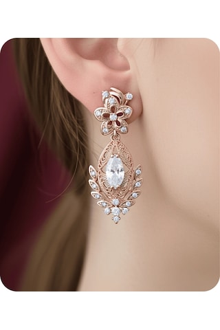 Vip Seri Küpe Xuping Çiçekli Telkari Tasarım Taşlı Rose Altın Kaplama 2,5cm Rose Gold
