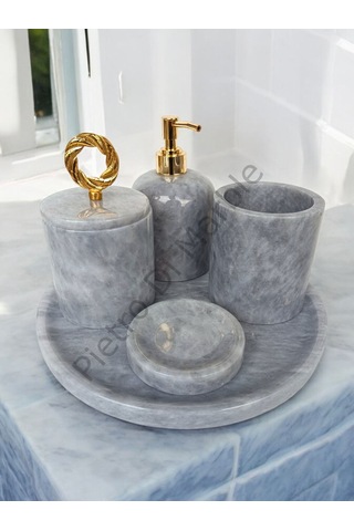 Gri Mermer Klasik Model 5 Parça Gold Renk Halka Aksesuarlı Banyo Seti Gri