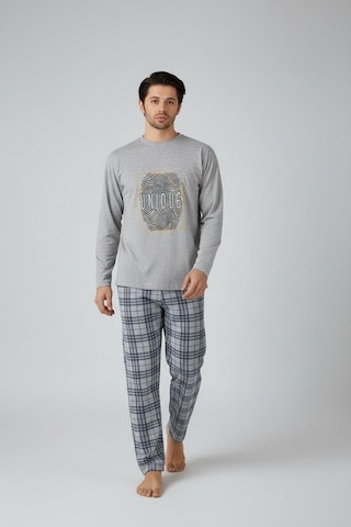 Lukitus Uzun Kol Sıfır Yaka Pamuklu Erkek Pijama Takımı Gri Vlknekose Gri