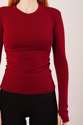 Uzun Kollu Basic Bordo Bluz Antrasit Melanj