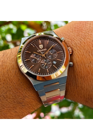 Raymond Star Serisi Kahverengi Kadran Çelik Erkek Kol Saati Gümüş - Rose Gold