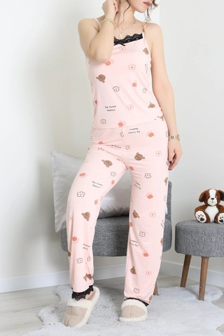 Modi Milan İp Askılı Pijama Takımı Pudra - 320.1287. Açık Bej - Siyah