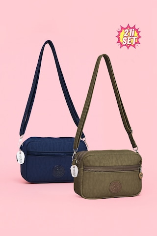 Westbag Kadın Çapraz Askılı Üç Gözlü Fermuarlı Krinkıl Günlük Omuz Çantası 2'li Set Haki - Lacivert