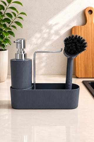 Gri Mutfak Düzenleyici Sabunluk Ve Fırçalık Seti Lavabo Üstü Organizer