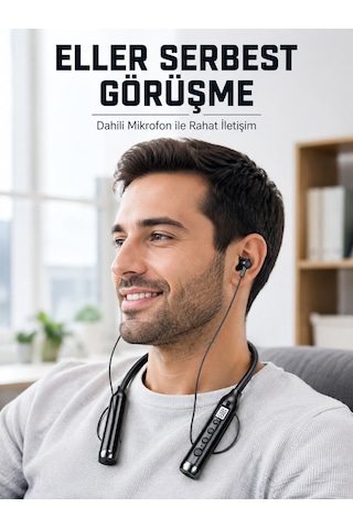 600 Saat Kullanım Süreli Boyun Tipi Bluetooth Kulaklık Mikrofonlu Dijital Göstergeli Kablosuz Kulak İçi Kulaklık 001