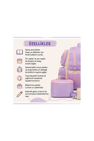 Peluş Oyuncak Detaylı 3'lü İlkokul Çanta Seti - Çok Bölmeli Su İtici Okula Dönüş İlkokul Mor
