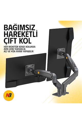 North Bayou Nb-f160 Çift Kollu Amortisörlü Monitör Standı 17"-27" / 2-9 Kg - 360 Hareketli Profesyonel Masa Askı Aparatı